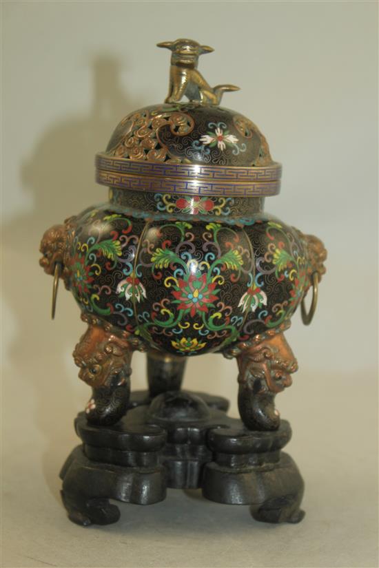 A Chinese cloisonne enamel tripod censer and cover, c.1910,